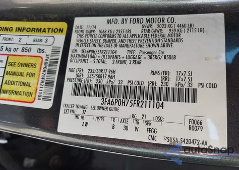 2015 Ford Fusion Se from USA, damaged, VIN 3FA6P0H75FR211104